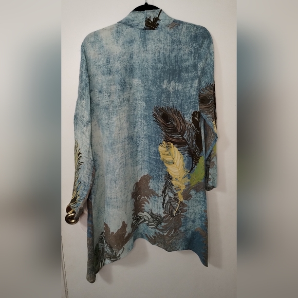 Citron Santa Monica 100% Silk Feather Print Open Front Kimono Cardigan Sz Small - Picture 2 of 12